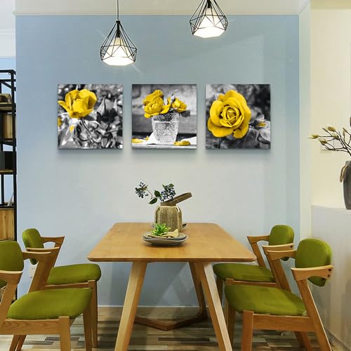 DZRWUBHS Large Size Wall Art - Modern Decor for Bedroom, Living Room, Kitchen, Bathroom - Black & White Wall Pictures - Yellow Rose Flowers - Canvas Prints - Girls Room Artwork