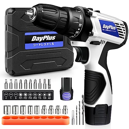 DayPlus 電動ドライバー 電動ドリル 16.8V 1500mAhバッテリ 18+1段階トルク調節 最大45N.m 2段変速0-350RPM/0-1400RPM 安全ロック 正逆切替 コードレス LED照明 過負荷保護 過熱保護 放電保護 収納ボックス付き 木工用 LED残量表示 小型 軽量 DIY 家具の組 み立て 日本語取扱説明書