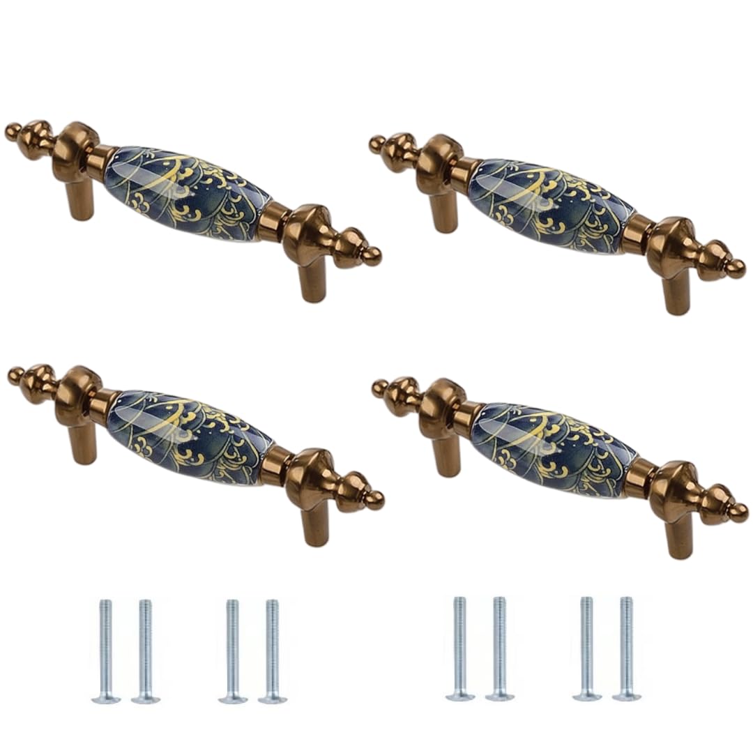 Lqzaxsrdr 122*19*31Mm Ceramic Cupboard Drawer Handle Knobs, Ceramic Zinc Alloy Door Knobs Cabinet Drawer Handles 4 Pcs(122 * 19 * 31Mm)
