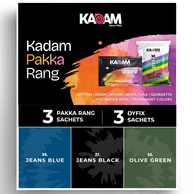 Image of Kadam Pakka Rang Multicolor Pack | Jeans Black, Jeans Blue, Olive | 1 Sachets Each | 3 DyFix Color Fixer Sachets | Fabric Dye Colors | Permanent Colors for Fabrics