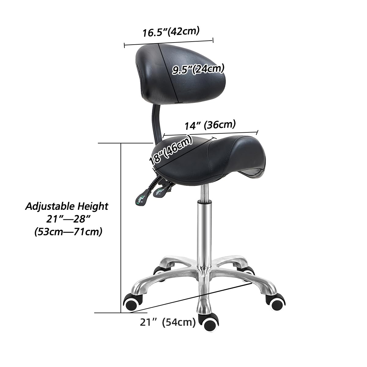 Antlu Sattelhocker mit Rückenstütze, ergonomischer Kosmetikhocker für Friseur Tattoo Spa Medizin Zahnarztpraxis (mit justierbarer Rückenlehne, Schwarz)
