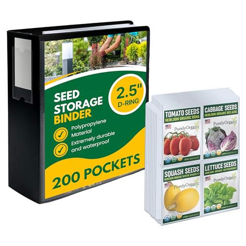 Performore Heavy-Duty Seed Storage Kit for Organizing Seed Packets with 200 Pockets 3.5 x 5.25 Pocket Size 50 Clear Pages w/ 4 Sleeves per 2.5 Capacity Cover is Solid Black Plastic