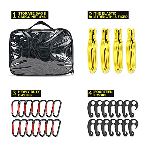 Bigtur 4'X6' Cargo Net For Pickup Truck Beds, Bungee Net Stretches To 8'X12' For Oversized Rooftop Cargo Rack, With Small 3 X 3 Mesh, 4 Strong Elastic Baggage Cords And 12 D-Clips + 12 Hooks #TOP1
