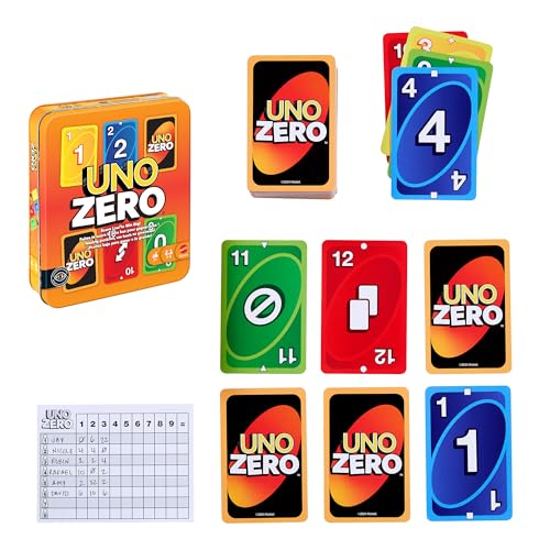 Mattel Games UNO Zero Kartenspiel in Aufbewahrungsdose zum Mitnehmen für Kinder, Erwachsene, Familienabende und Partys, enthält Kartenspiel und Punktekarte, 2 bis 8 Spieler, ab 7 Jahren, JLK16 – Bild 5