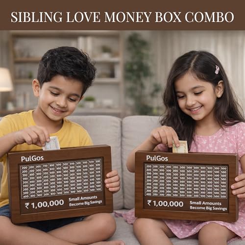 Image of PulGos Pack-2 Wooden Money /Piggy Bank with Marker, Money Box, Coin Box /Donation Box for Kids /Children, Savings Challenge Box, Cashbox, Cash Vault Wooden Savings Box, Money Save Box Smash, Money Saver
