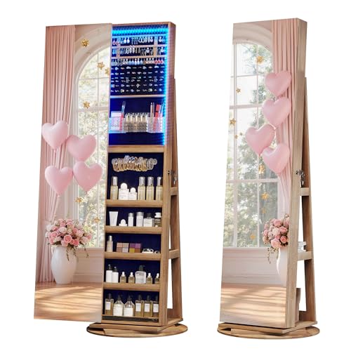 LVSOMT 360° Rotating Full Length Mirror Jewelry Cabinet with Sliding Door, LED Lighted Lockable Jewelry Armoire Organizer, Space-Saving Standing Mirror Storage for Bedroom Dressing Room (Light Wood)