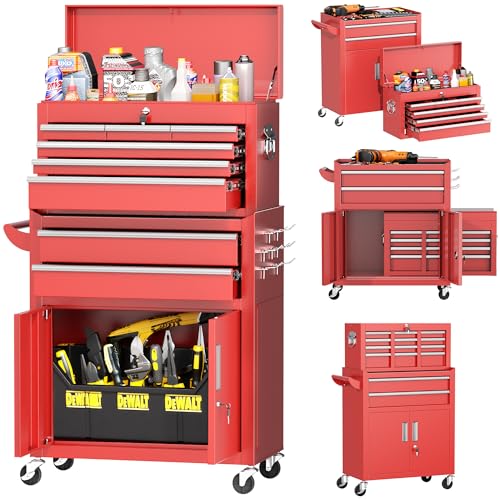 INTERGREAT Tool Chest Cabinet,8-Drawer Rolling Tool Chest with Detachable Top Tool Box, Tool Chests with Universal Lockable Wheels, Metal Tool Cart for Garage, Workshop, Barbershop(Red)
