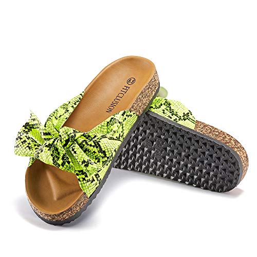 FITCLUSION Slide Sandals Women Cork Sole Casual Slipper Flats with Bow Slipper Footbed Comfortable Gold 6.5 US