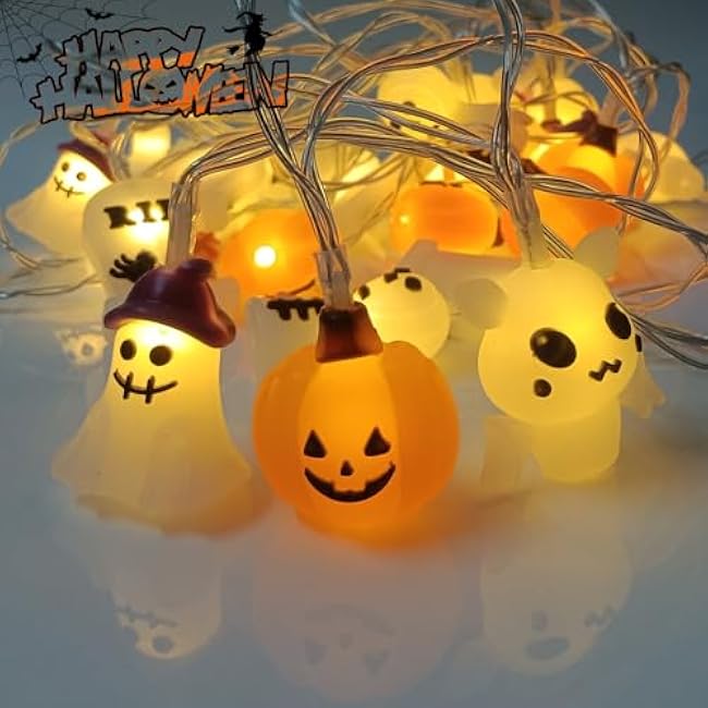 Outdoor Battery Operated Halloween String Lights, 15FT with 30 LED Bat, Tombstone, Pumpkin, Ghost - Timer & Cute Spooky Design for Home Party Porch Decor