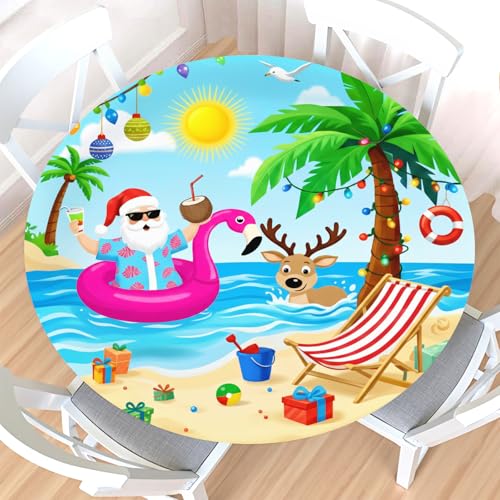 Summer Round Fitted Tablecloth with Elastic Edge,Waterproof Wipeable Reusable Funny Coastal Tropical Hawaiian Beach Table Cover for 48-52" Stretch Table Cloth for Dinner Indoor Outdoor Party