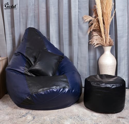 Image of Gold 4XL Bean Bag Combo with Footstool & Cushion | Faux Leather Teardrop Bean Bag for Adults & Teens | Pre-Filled with Beans | Home, Bedroom, Living Room, Office (4XL - Navy Blue & Black)
