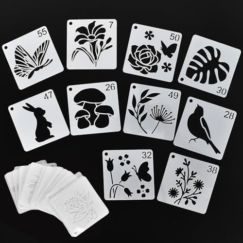 Cleminsta 64 Piezas Plantillas de Pintura, Plantillas de Dibujo Reutilizables, Conjunto de Stencil Plantillas y Plantillas Estarcido, Diseños de Plantillas de Flora y Fauna, Reutilizable Flor Stencil