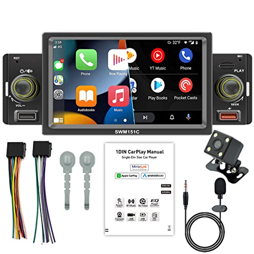 Compatible con Apple CarPlay Android Auto 1 Din Car Stereo Bluetooth Pantalla táctil de 5 pulgadas Radio de coche con radio FM Mirror Link USB TF Car MP5 Player con cámara de marcha atrás 4LED y MIC Cover