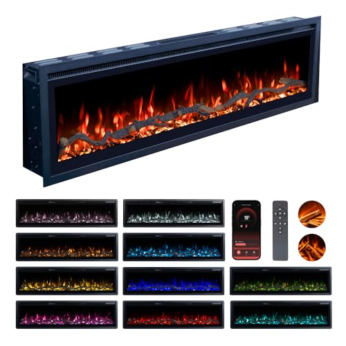 Valine Fires Recessed Electric Freestanding Fireplace UltraSlim Heater 72"/183cm, Wall-Mounted Fireplace for Media Wall, Electric Fire with 15 LED Flame Colours, Remote Control & Real Logs, 900W/1800W