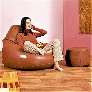 LEXAVI Brand - Faux Super Leather Combo Beanbag with Foot-Rest prefilled with Beans ? (XXXL Large) - (Dark-Tan)