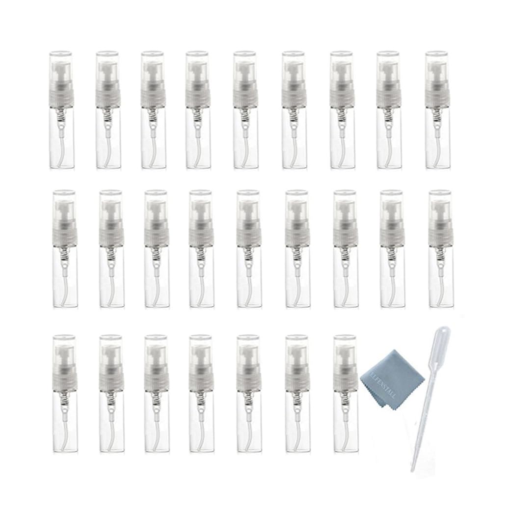 Elfenstal- 25pcs Mini Clear 3ml Fine Mist Atomizer Glass Bottle Spray Refillable Perfume Empty Bottle Glass Clean Cloth for Travel Party Portable Makeup Tool