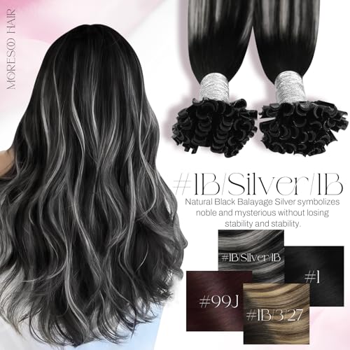Image of Moresoo K Tip Hair Extensions Real Human Hair, BlacK Silver Melt, 24 Inch | 50g 50 strands, soft texture, keratin bond, extra length, wedding guest or event styling