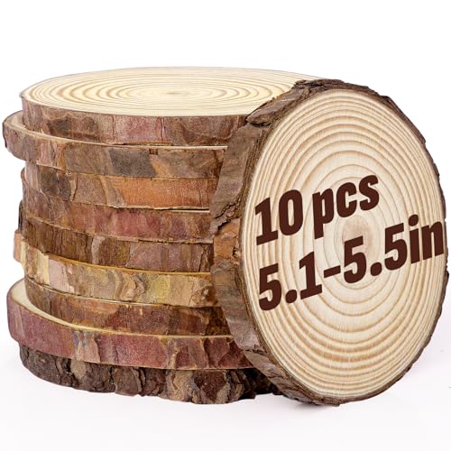 FUMILE Unfinished Natural Wood Slices 5.1-5.5 Inch, 10 PCS Round Wooden Discs with Tree Bark, Wood Slices for Centerpieces for Handmade Crafts, Wood Circles for Rustic Wedding Decoration