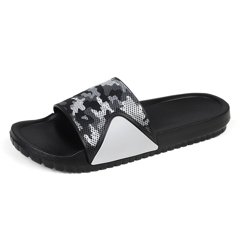 Men's Camouflage Slide Sandals, Flat Comfort Footbed, Indoor Outdoor Beach Slippers, Big Sizes