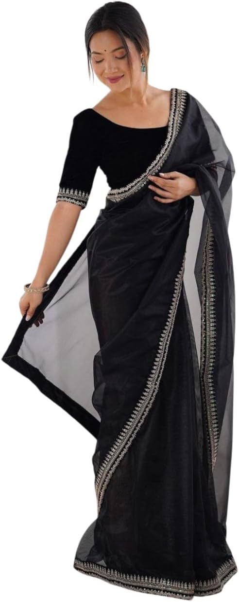 Indian Wedding Organza Saree with Embroidered Border, Elegant Party Festive Wear,