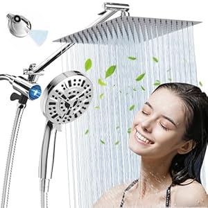 10” Rainfall Shower Head with Magnetic Handheld Combo High Pressure 8+2 MODE built-in power wash, Stainless Steel Showerhead with 11” Extension Arm Height/Angle Adjustable with Holder&60″Hose-Chrome