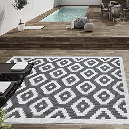 Easy-Going Reversible Outdoor Rugs 4x6ft Waterproof Plastic Straw Rug Stain & UV Resistant Floor Mat for Patio Porch RV Backyard Pool Deck Picnic Beach Trailer Camping (Diamond/Gray & White)