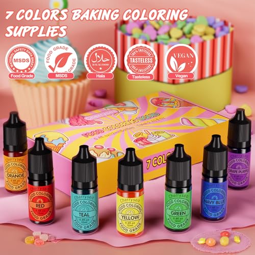 Image of Cherrysea Food Coloring for Cake Decorating Rainbow Edible Food Dye for Halloween Baking Royal Icing Cookie Supplies Gluten Free 7x12ml Food Grade Liquid Food Color Kit, 0.4 Fl. Oz /Bottles