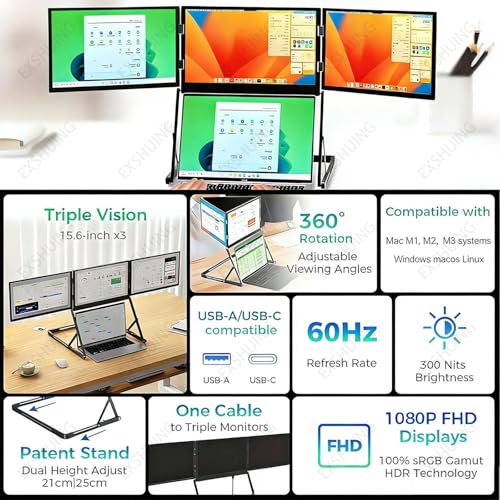 Image of Portable Triple Monitor, Laptop Screen Extender, 15.6 inch Fhd IPS 60hz, 100% Srgb 300 Nits, 360 Rotatable, USB-C One Cable, Dual Speakers for Home Office & Coding, Work from Home & Study
