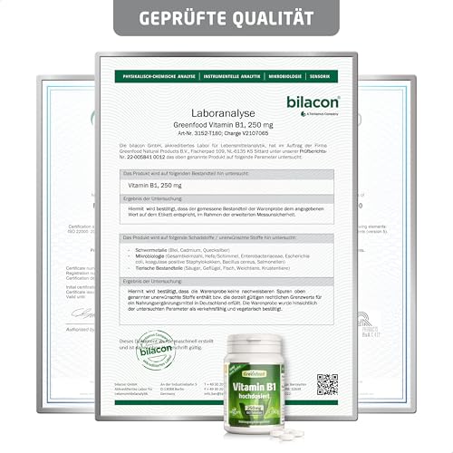 Vitamin B1, hochdosiert, 250mg - 180 Tabletten, vegan. Vitamin B 1 (Thiamin) - wichtig für für Nervensystem & Energiehaushalt. OHNE künstliche Zusätze - laborgeprüft. Von Greenfood.