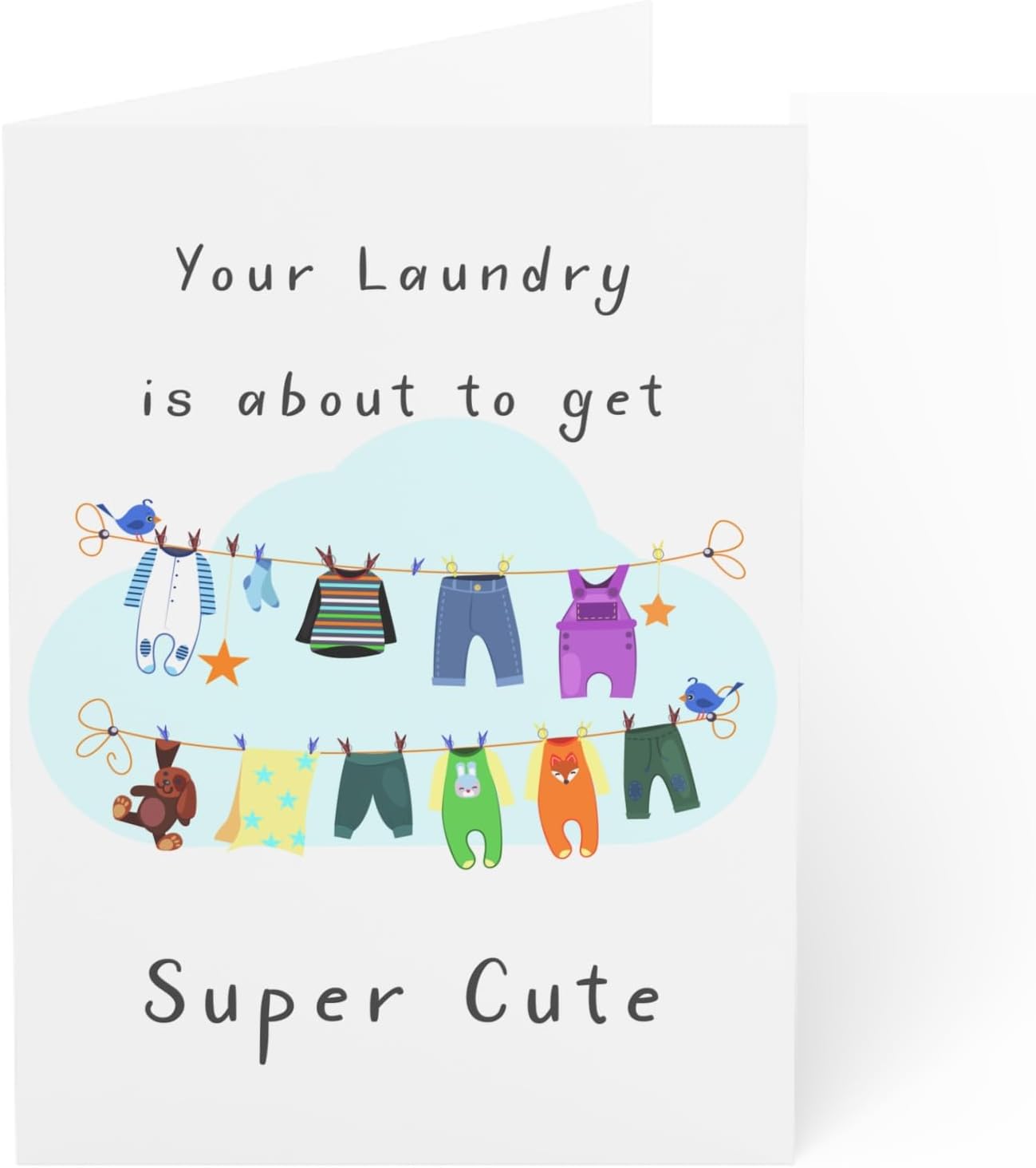 New Baby Greeting Card - 'Super Cute' Clothesline Design - Perfect for Expecting Parents - 6 x 8 Inch - Includes Envelope