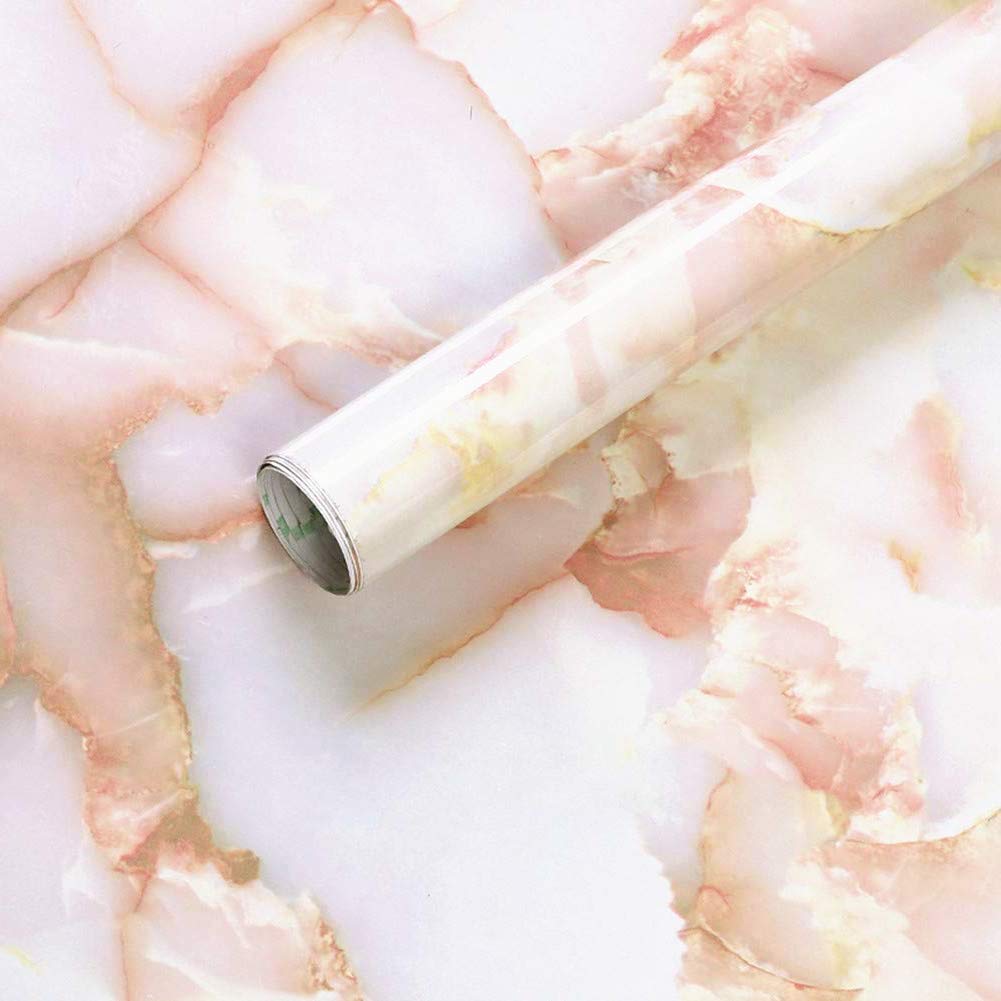 REDODECO White Pink Jade Marble Look Paper Granite Effect Peel Stick Vinyl Countop Contact Paper Wallpaper Cabinet Dresser Drawer Door Wardrobe Stickers Decal 15.8inch by 79inch