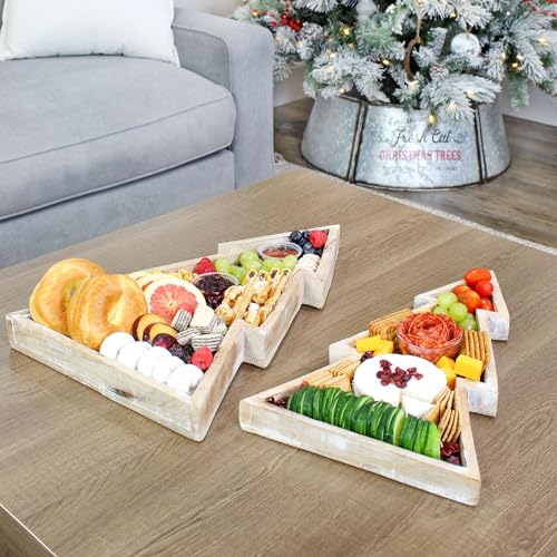 AuldHome Design Wooden Christmas Tree Trays (Nested Set of 2, Natural), Distressed Rustic Farmhouse Style Holiday Christmas Serving Decorative Platters - Image 6