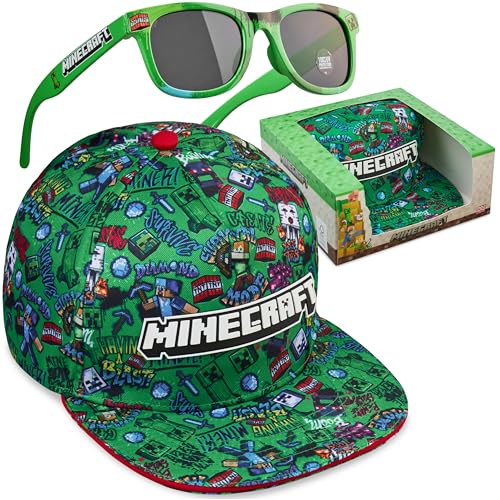 Minecraft Gorra Niño con Gafas de Sol Niño UV400 6 14 Años Set, Gorra Infantil de Verano con Gafas de Sol Niños, Gamer Regalos (Verde Minecraft Set)