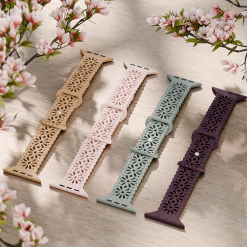 Image of 4 Pack Slim Lace Silicone Bands Compatible for Apple Watch 38mm 40mm 41mm 42mm 44mm 45mm 46mm 49mm, Thin Hollow-out Floral Breathable Strap for iWatch Series 11 /10 /9 /8 /7 /6 /5 /4 /3 /2 /1Ultra SE Women Men