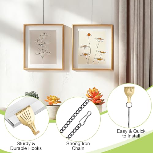 Image of Picture Hanging Kit 6Pcs Rail Hooks & 6Pcs Chains, Metal Picture Display Hanging System for Wall Pictures, Exhibition(Black+Gold,1M)