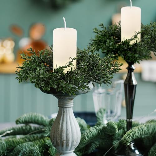 Image of 6 Pcs Artificial Boxwood Candle Rings Wreaths Mini Green Kitchen Cabinet Wreath Table Centerpieces Spring Summer Rings Wreaths for Pillars Farmhouse Wedding Party Decor