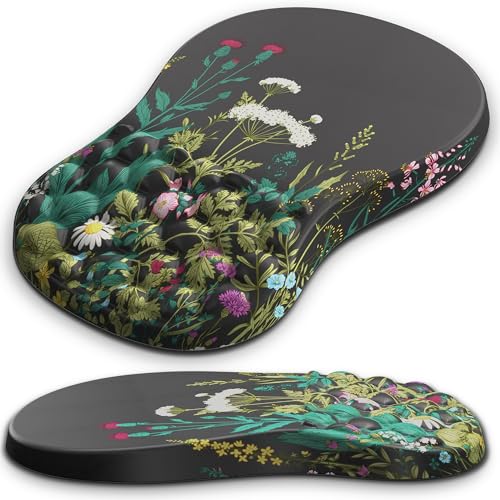 Ergonomic Mouse Pad with Wrist Rest, Mousepad with Memory Foam & Massage Design, Wrist Pain Relief, Non-Slip PU Base, Mouse Pad with Wrist Support for Gaming, Office, Desk (Black Flower, 12x8 inch)