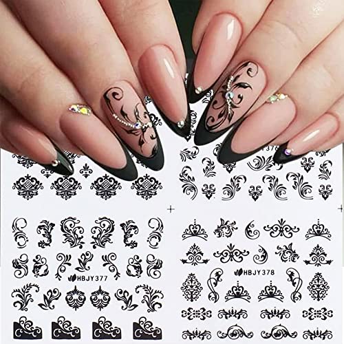 12 Sheets Black Flowers Nail Stickers Flora Nail Decals 3D Self Adhesive Nail Supplies Black Lace Retro Flower Vine Leaf Crown Nail Designs For Women Nail Decoration #TOP1