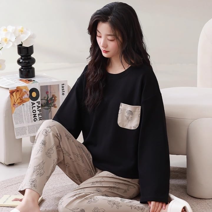 Image of Celary Women's Korean Night Suit Set | Round Neck Full Sleeve Top & Printed Ankle Length Pyjama | Skin-Friendly Fabric Soft Breathable Stretchable Loungewear | M to 2XL