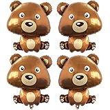 Big 32 Inch Bear Balloons Foil Helium Brown Bear Shaped Animal Balloons Animal Woodland Bear Balloons for Jungle Safari Theme Kids Birthday Party Decorations(Pack of 4)