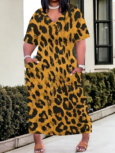 Image of Plus Size Maxi Dress for Women Short Sleeve V Neck Casual Loose Sundress with Pockets