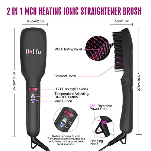 Belifu Ionic Hair Straightener Brush Dual Voltage with Silicone Mat Pouch for Safe Storage, Straightening Comb Protect Sensitive Scalp, 30s Fast Ceramic Heating, Auto Off,with Comb Cleaner and Glove - Thumbnail 3