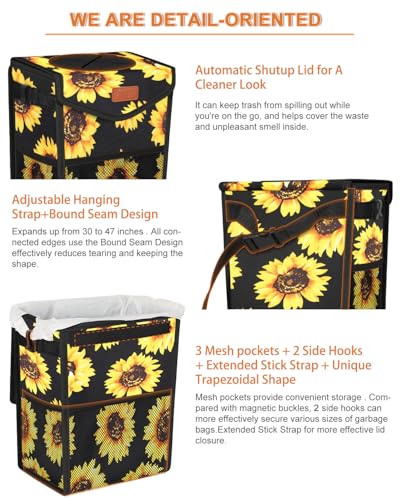 Image of Pritent Car Trash Can with Lid, Cute Leakproof Car Trash Garbage Bag Hanging Vehicle Trash Bin Small Portable Automotive Garbage Cans Organizer for Back /Front Seat(Trapezoid,Black Sunflower