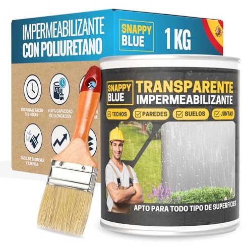 [1kg + Brocha] Impermeabilizante Transparente con Poliuretano, Sellador Impermeable Fugas Agua, Revestimiento Impermeable Definitivo, Hidrofugante Invisible para Techos, Terrazas y Exteriores