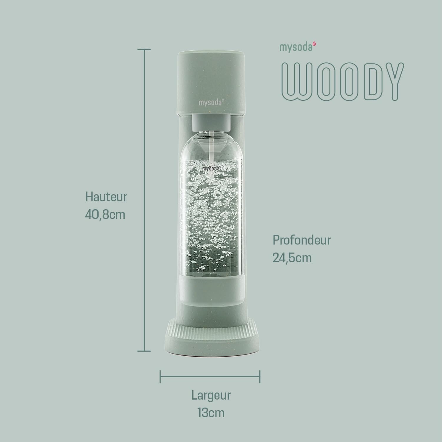 Mysoda Woody – Machine à eau pétillante en composite de bois, avec bouteille PET Quick-Lock sans BPA et cylindre CO2 – Vert sauge (Pigeon)