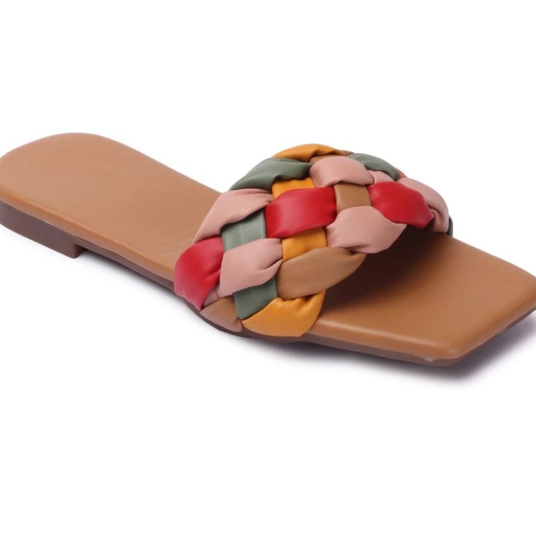 Stylish Colorblocked Design Multicolored Suqare Toes Casual Flat Sandal Slipper For Women's And Girls-image-37