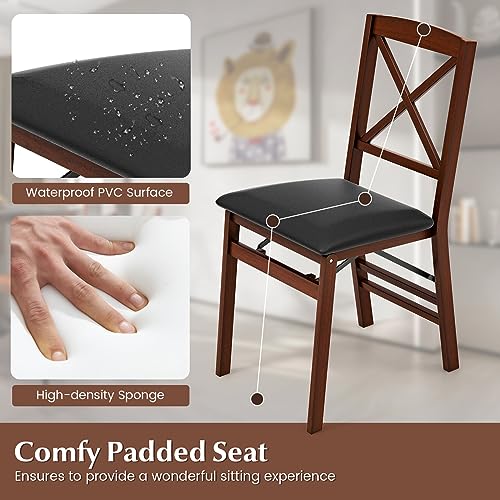 Image of COSTWAY Folding Dining Chairs Set of 2, Upholstered Wooden Dining Room Chairs with X-Shaped Back, 400LBS Capacity and Solid Wood Frame for Kitchen Apartment (Brown & Black)