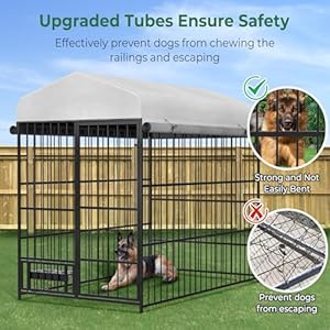 Dog Kennel Outdoor with Waterproof Roof and Rotating Feeding Doors, Outdoor Dog Kennel Playpen Crate with Secure Lock and Bowls, Large Heavy Duty Welded Wire Dogs Run Enclosure, 6.6’×3.9’×5.9′