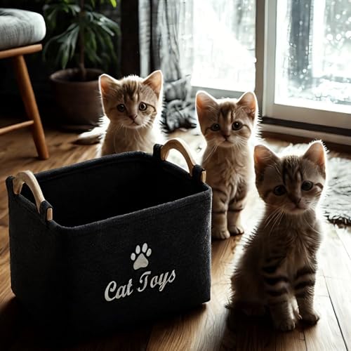 TSQZE Haustier Spielzeug Organizer Box, Katzenspielzeug Boxen Mit Griffen, Welpen Sachen Korb Filz Aufbewahrungsbox, Organizer Für Die Organisation Von Haustierspielzeug, Decken, Leinen (Katzen)