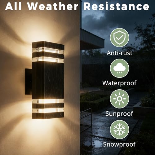 Image of JYV Square Outdoor Wall Lights, Up and Down Outdoor Lighting, Black | Aluminum Exterior Lighting Fixtures Wall Mount with 2x7W 3000K Bulbs, Waterproof Outdoor Lights for House Porch Patio Garage